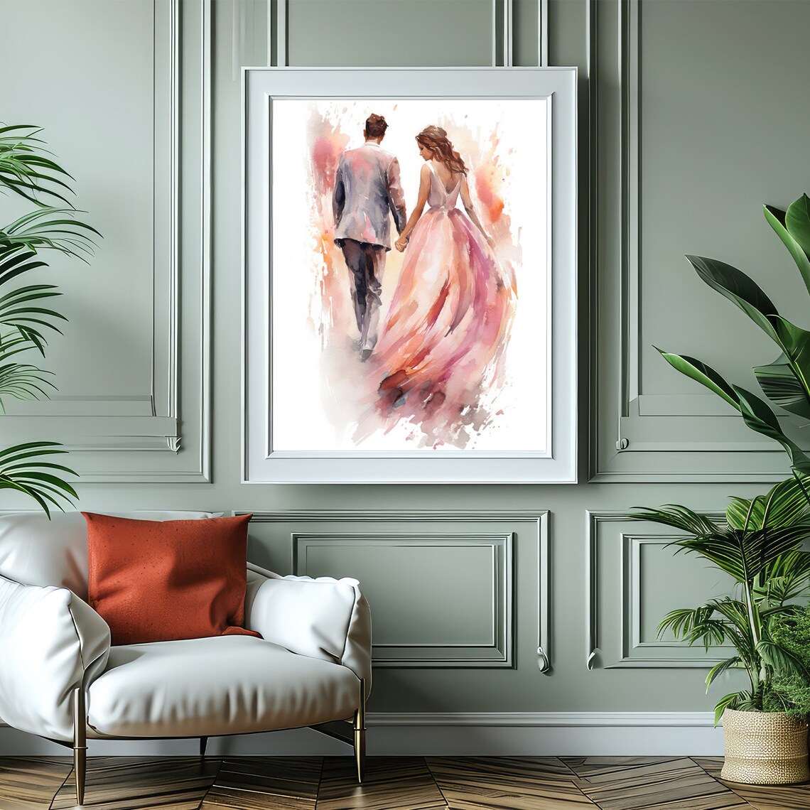 Couple Walking Away Watercolor Painting Romantic Blush Dress Wall Art
