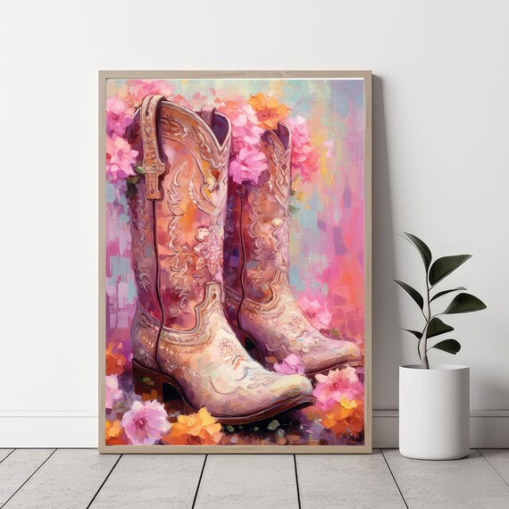 Embossed Tan Cowboy Boots Among Pink Flowers Western Art Poster