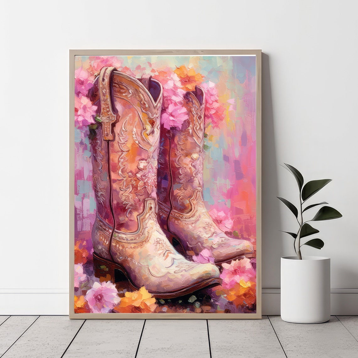 Embossed Tan Cowboy Boots Among Pink Flowers Western Art Poster