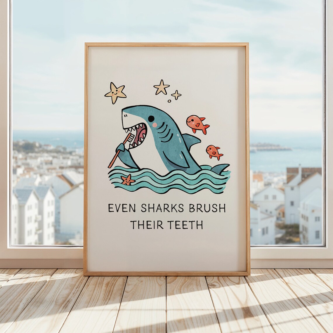 Even Sharks Brush Their Teeth Cute Shark Kids Bathroom Art Poster - Image 5