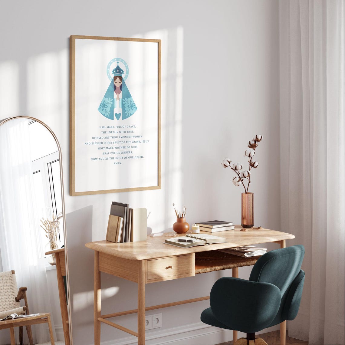Hail Mary Prayer Virgin Mary Blue Folk Catholic Devotion Art Poster - Image 3