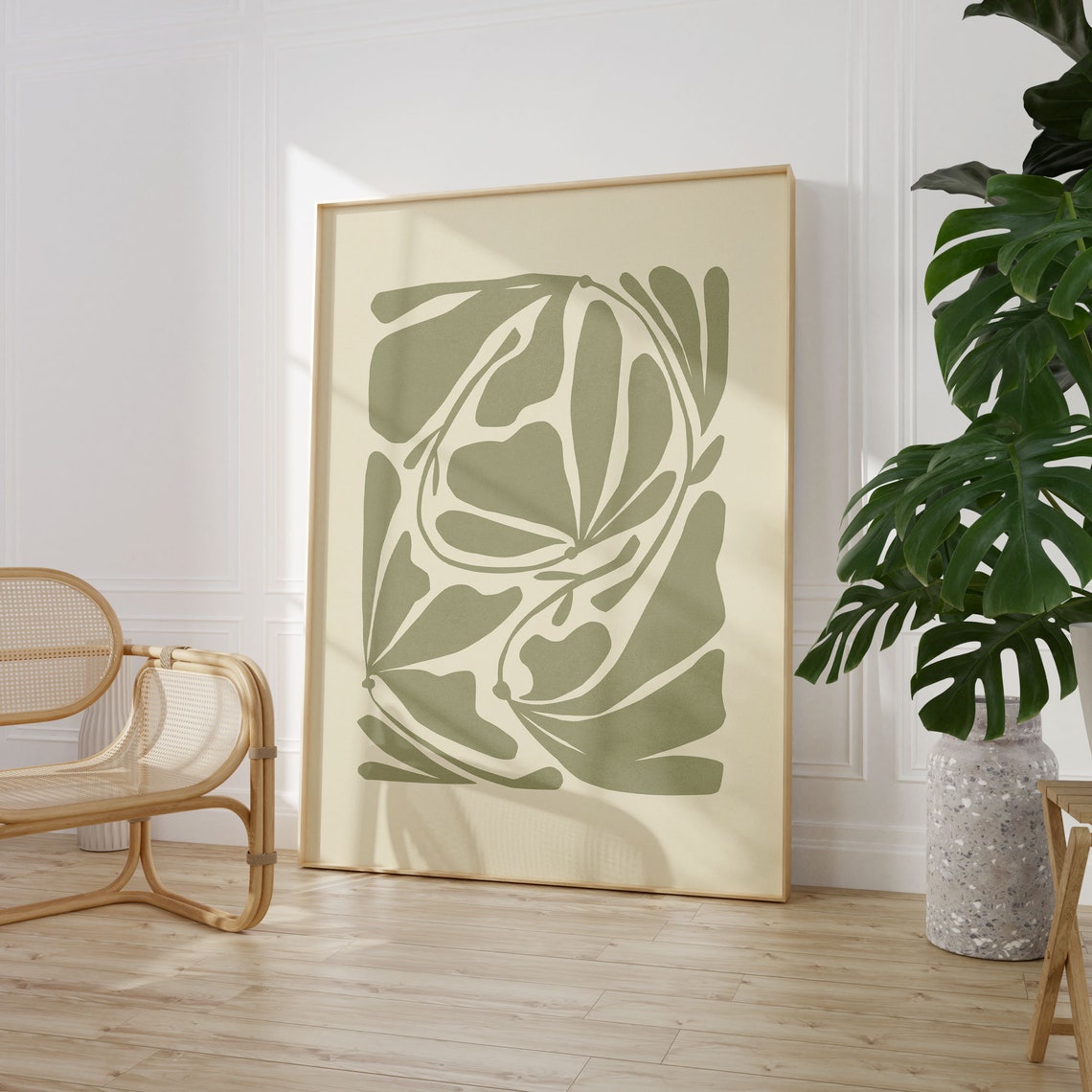 Sage Green Abstract Botanical Organic Shapes Mid Century Art Poster