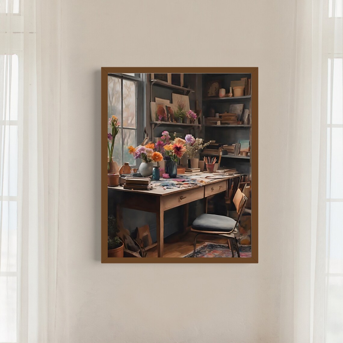 Cozy Artist Studio Desk with Flowers Vintage Interior Painting Print - Image 4
