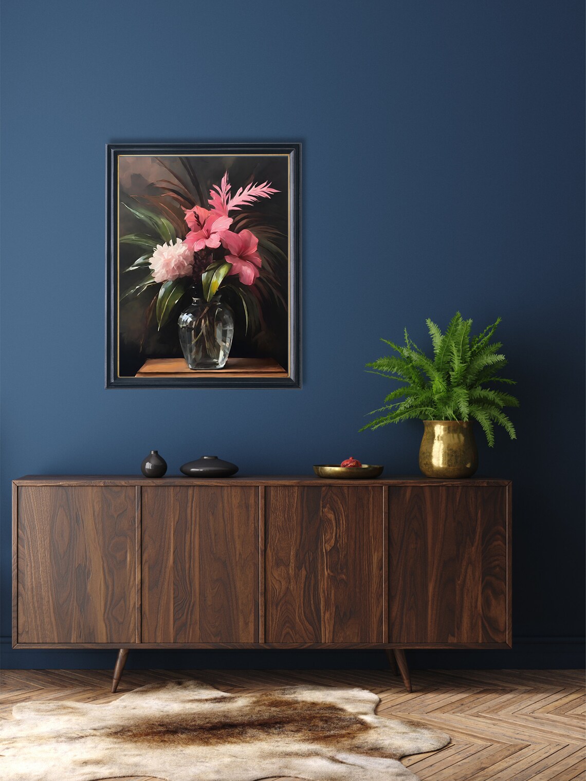 Pink Hibiscus Tropical Bouquet Glass Vase Dark Moody Painting Poster - Image 2