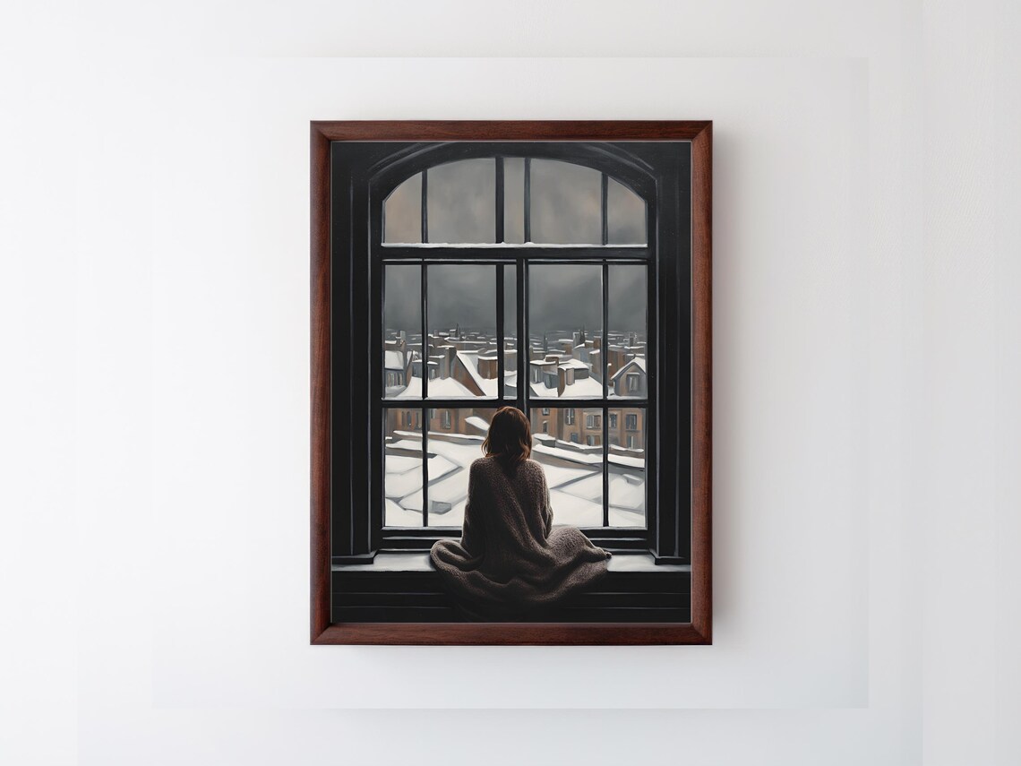 Woman Watching Snowy Rooftops from Window Cozy Winter Painting Print - Image 2