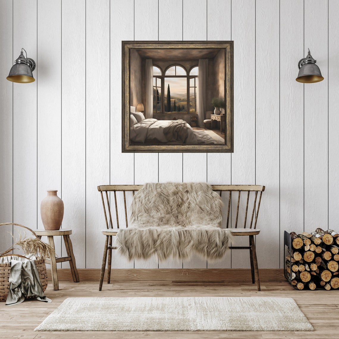 Serene Bedroom with Arched Windows Over Cypress Hills Wall Art - Image 4