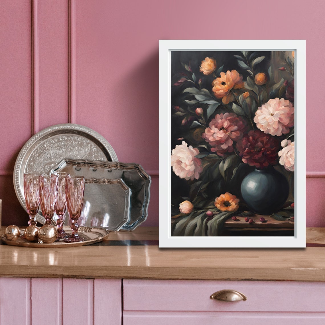 Moody Blush Peony Bouquet Dark Vase Vintage Floral Still Life Poster - Image 2