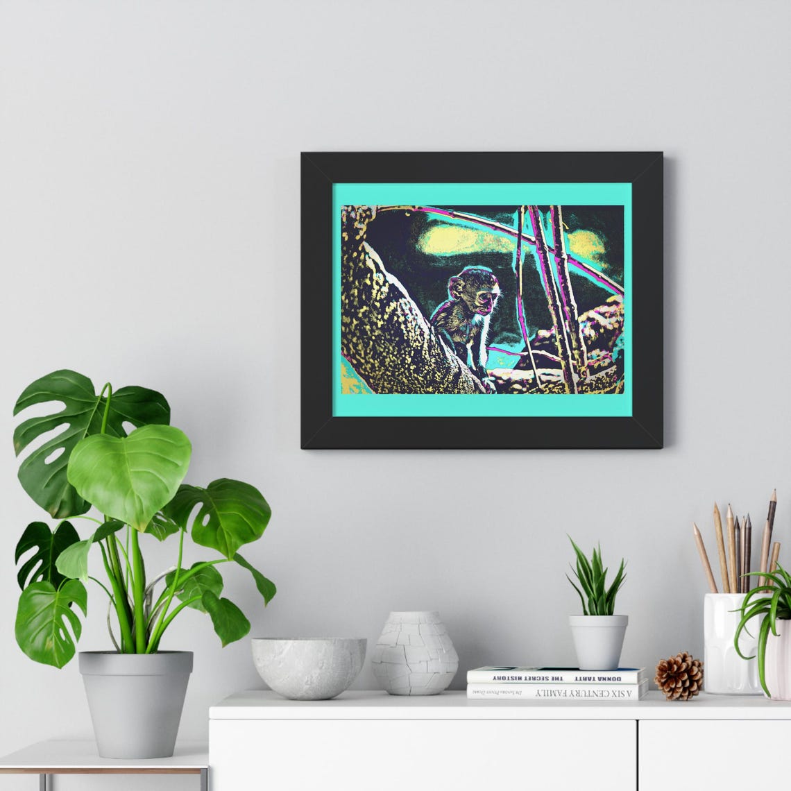 Playful Monkey on a Branch in Neon Pop Art Style Framed Poster - Image 4