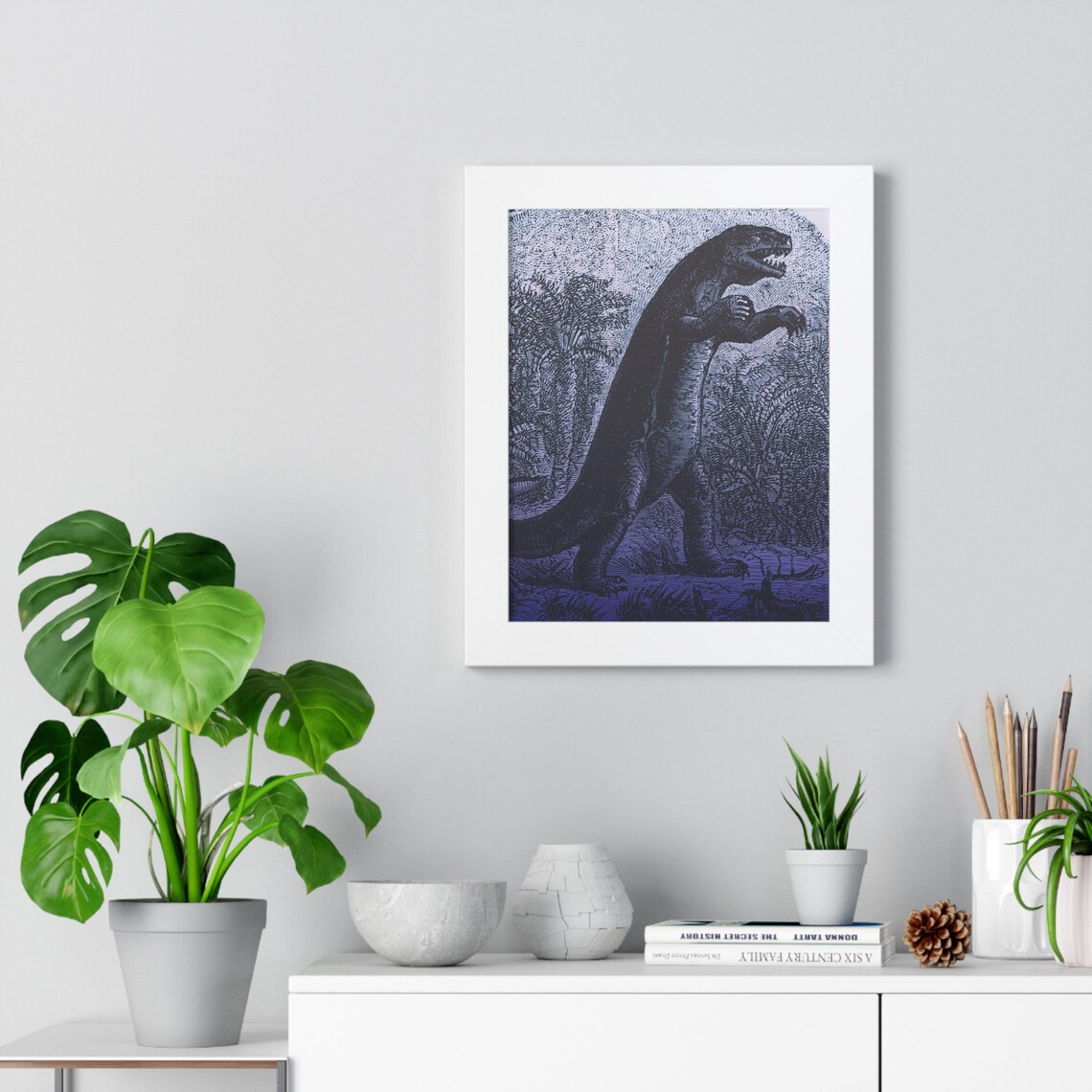 Antique Blue T-Rex Engraving Vintage Natural History Dinosaur Poster - Image 2