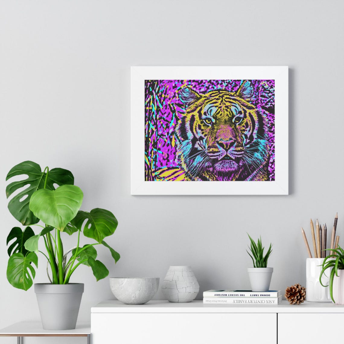 Bold Intense Tiger Portrait in Neon Pop Art Colors Framed Poster - Image 2