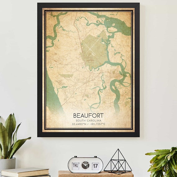 Vintage Beaufort South Carolina Street Map Poster with Coordinates