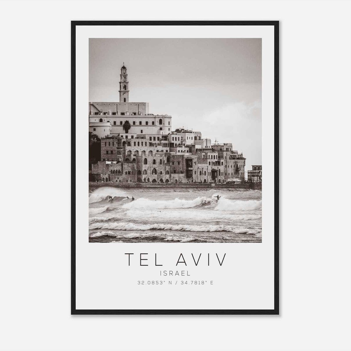 Tel Aviv Israel Old Jaffa Coast Surfers Black and White Photo Poster