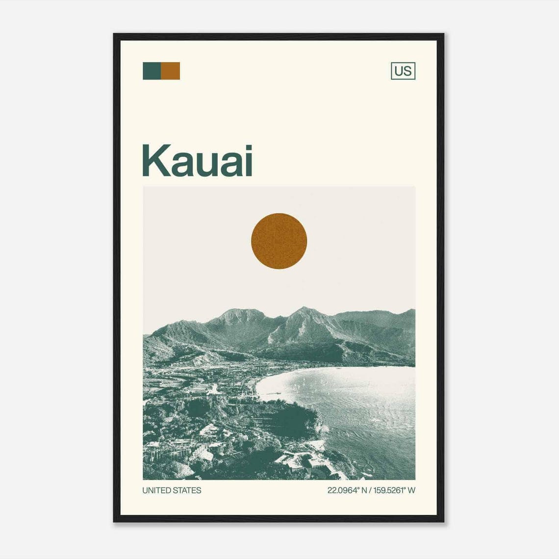 Kauai Hawaii Island Bay Mountain Minimalist Travel Art Poster