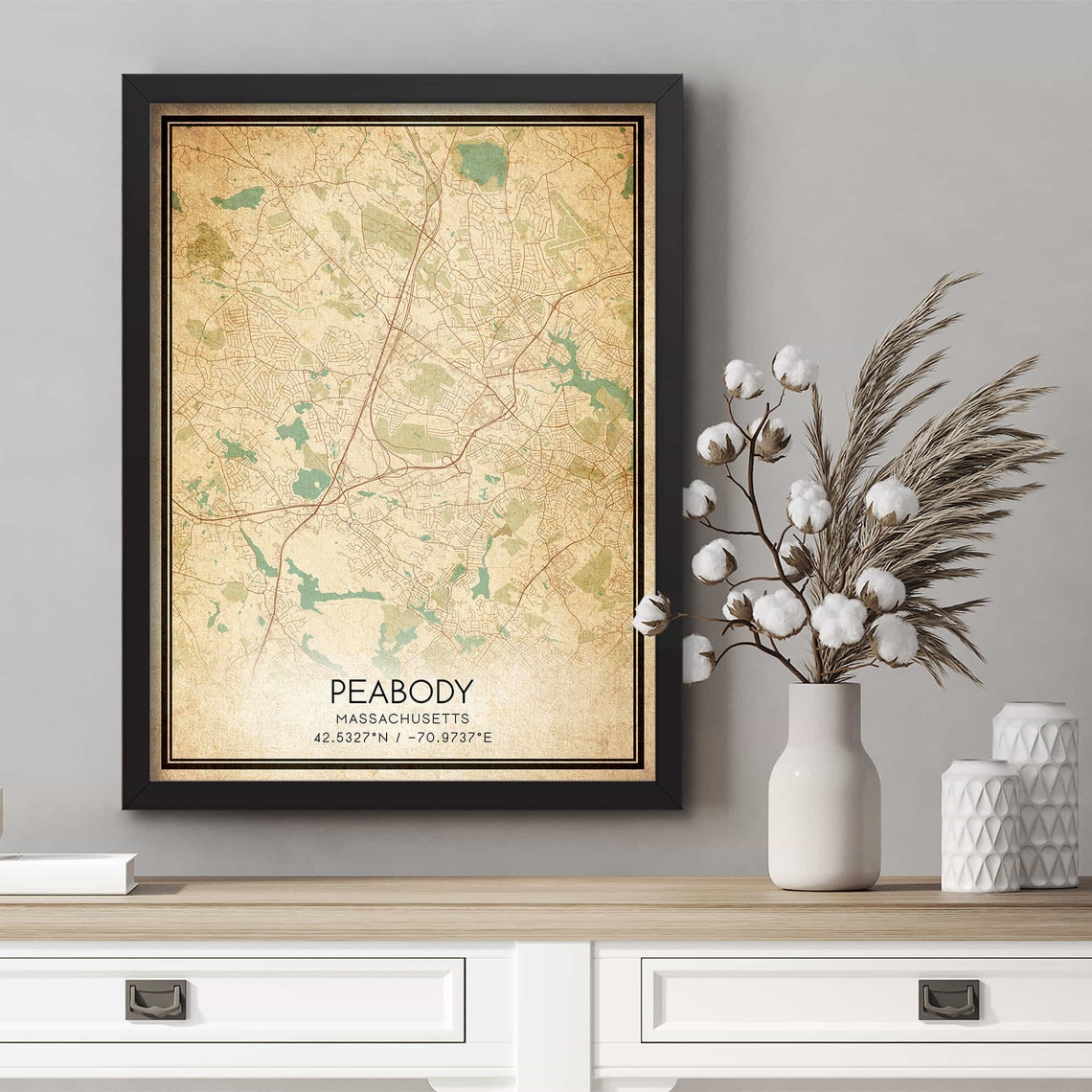 Peabody Massachusetts Vintage City Map Coordinates Hometown Poster
