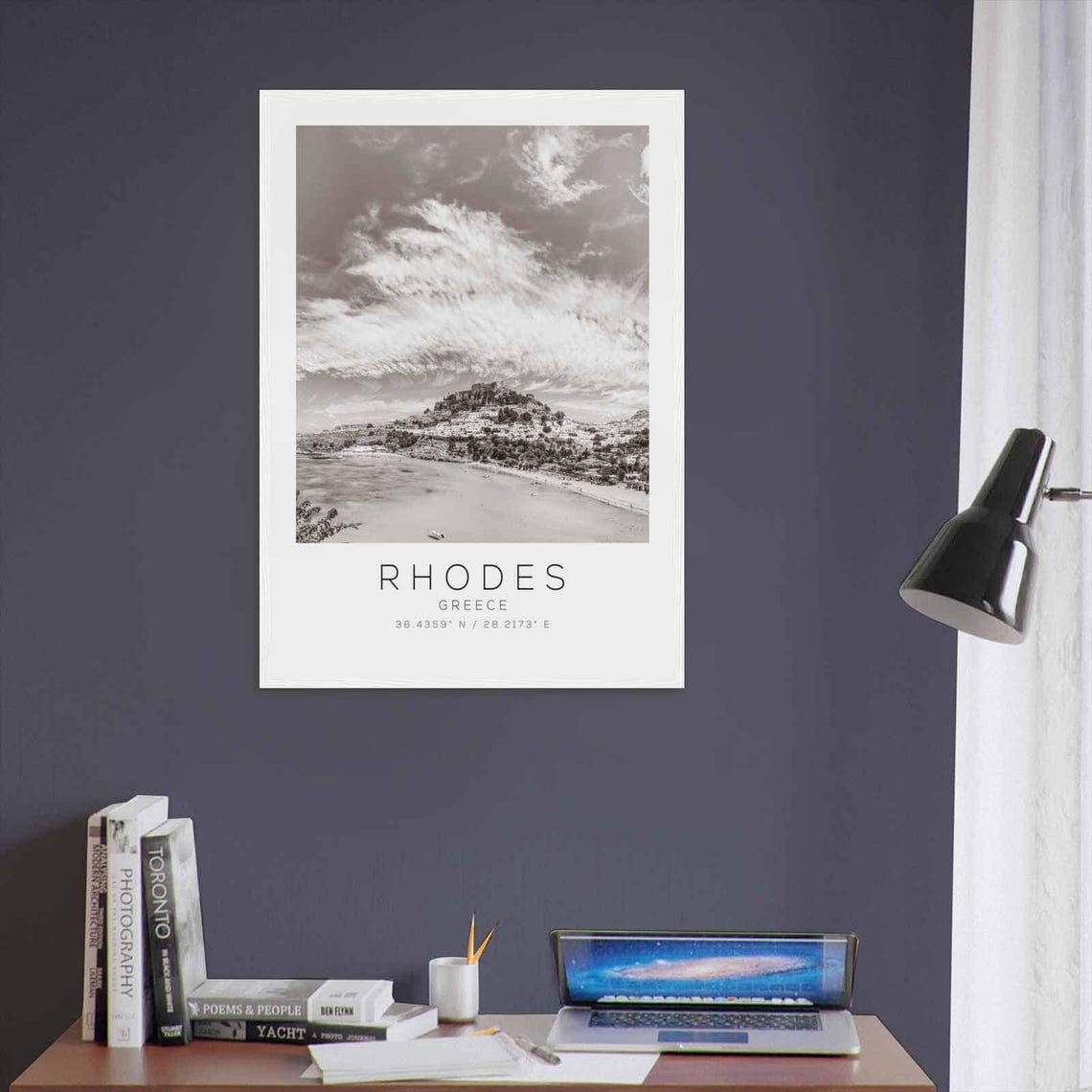 Rhodes Greece Black And White Beach And Hilltop Village Poster - Image 3