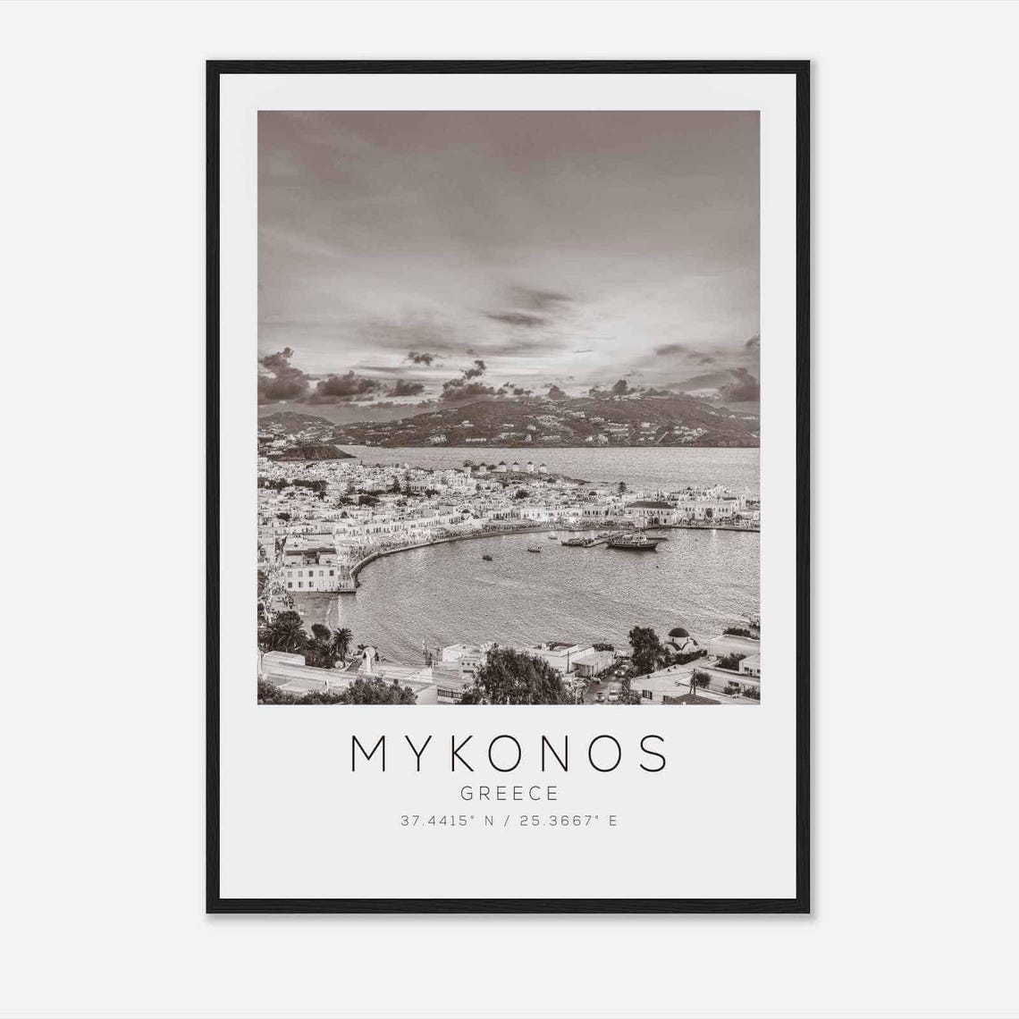 Mykonos Greece Whitewashed Harbor Town Black and White Photo Poster