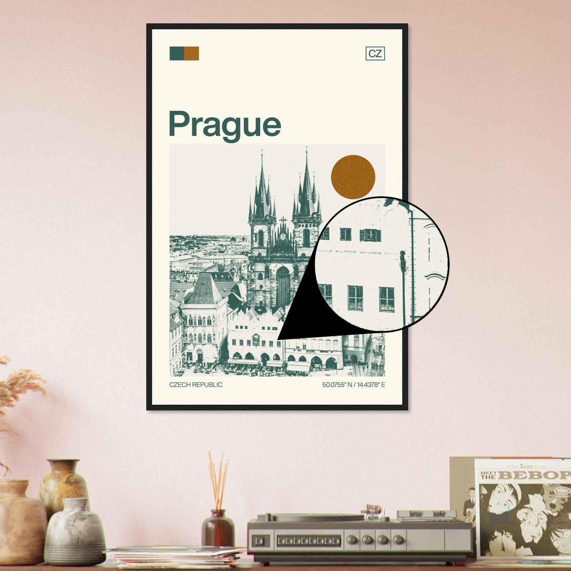 Prague Czech Republic Twin Spires Old Town Sun Duotone Travel Poster - Image 4