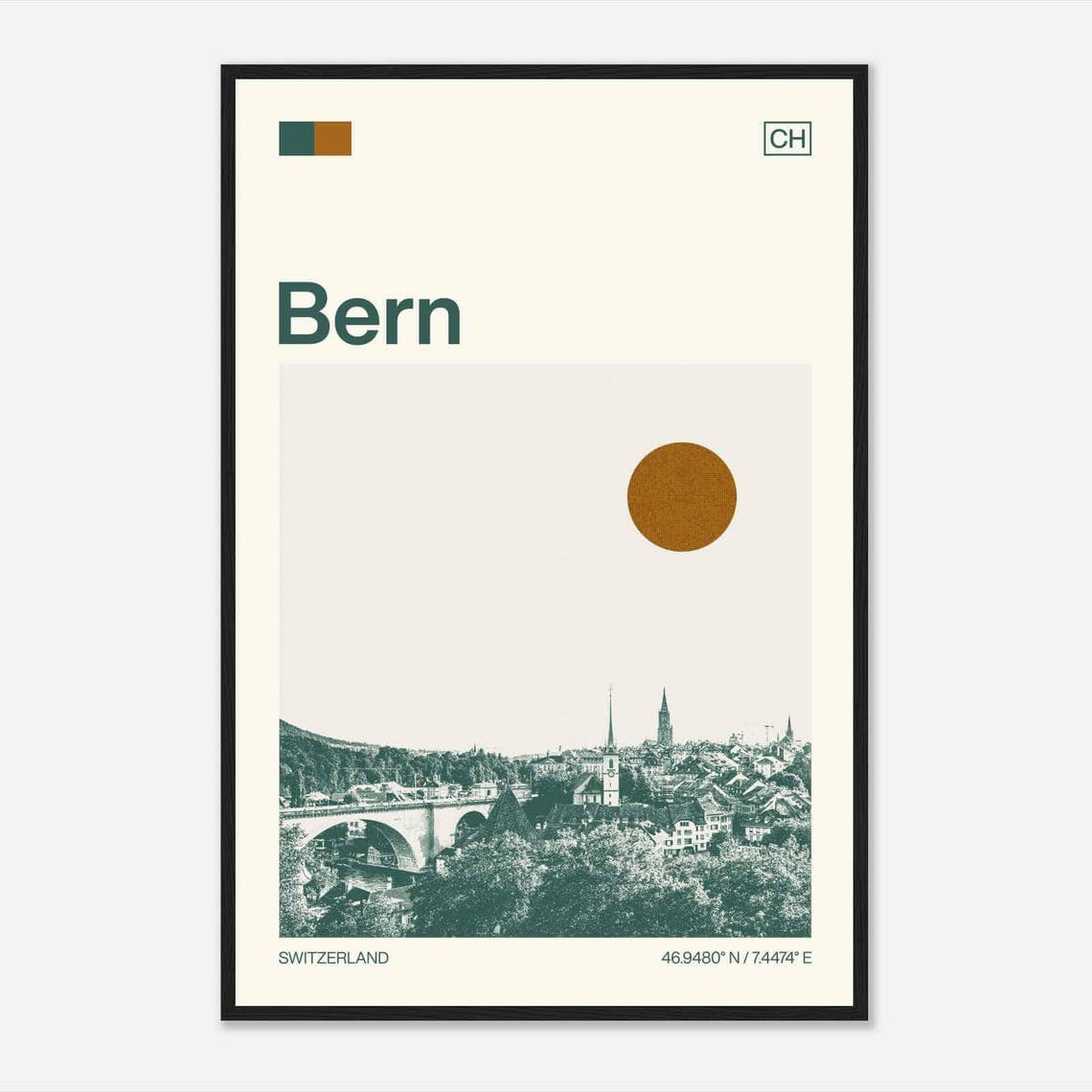 Bern Switzerland Old Town Bridge Vintage Style Travel Poster