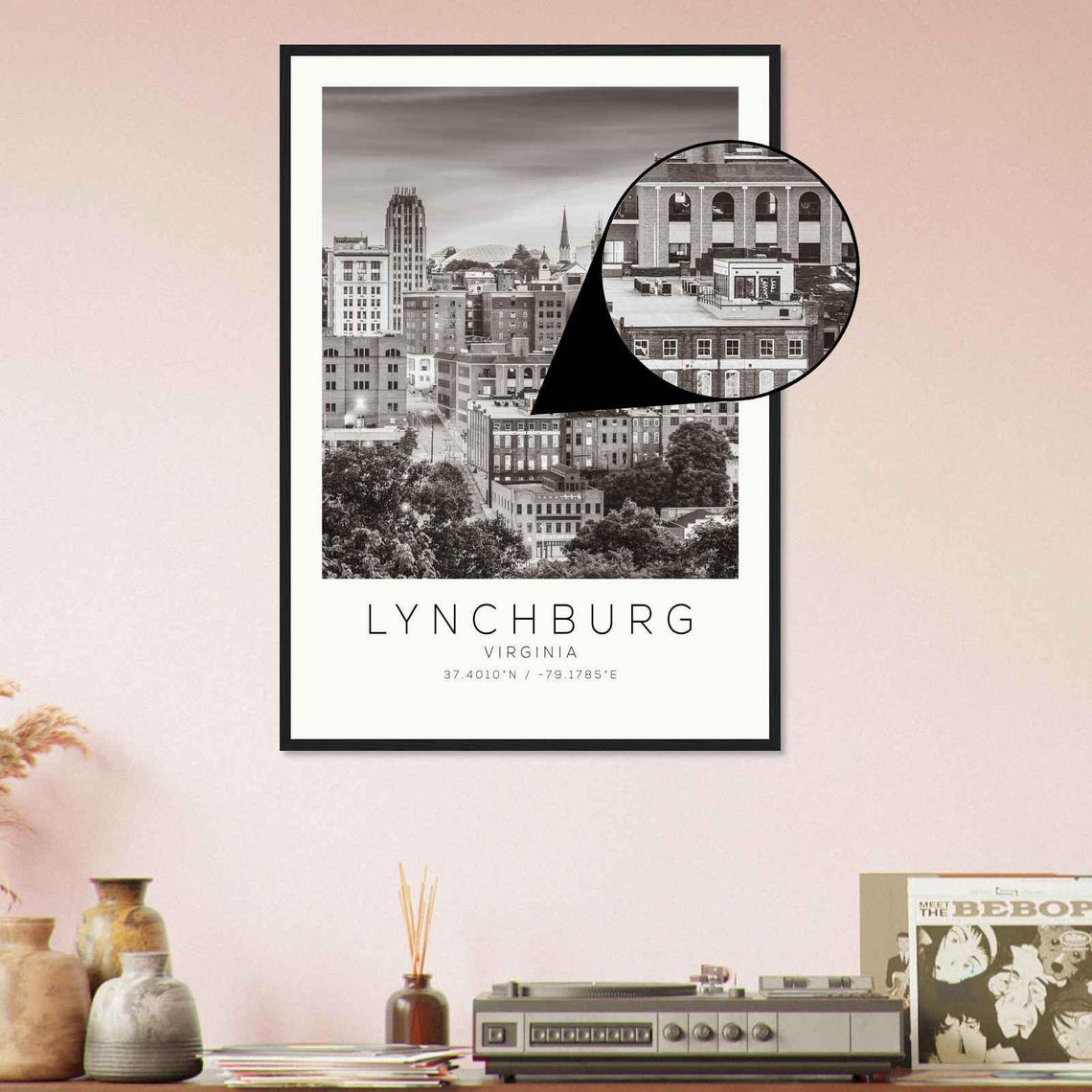 Lynchburg Virginia Downtown Skyline Dusk Black And White Poster - Image 4