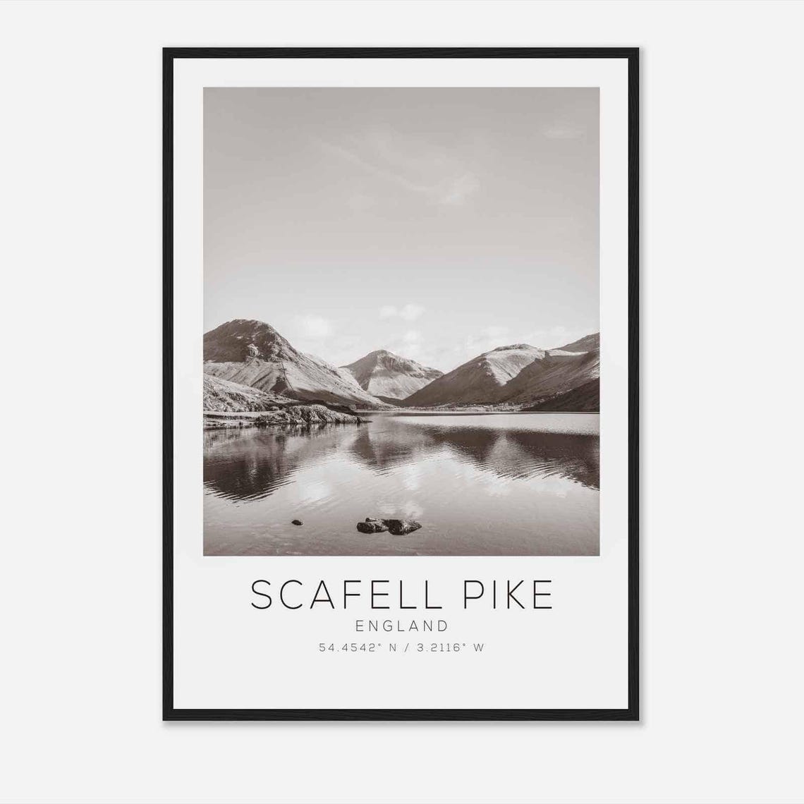 Scafell Pike England Mountain Lake Reflection Black and White Poster