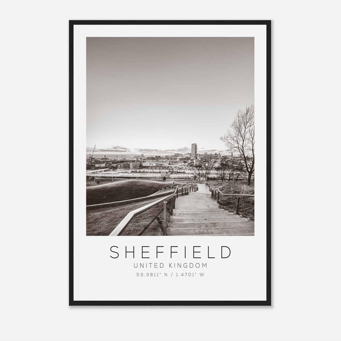 Sheffield UK City View Hill Steps Sunset Black and White Photo Poster