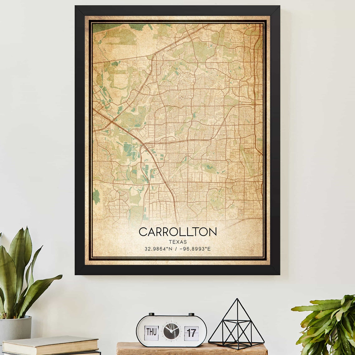 Vintage Carrollton Texas City Map Sepia Street Grid Artwork Poster