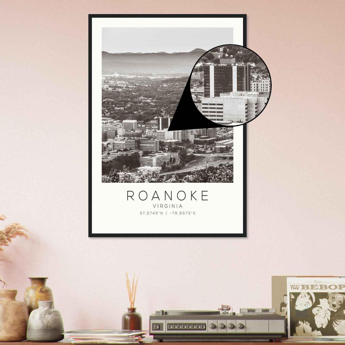 Roanoke Virginia Blue Ridge Mountain Skyline Black and White Poster - Image 4