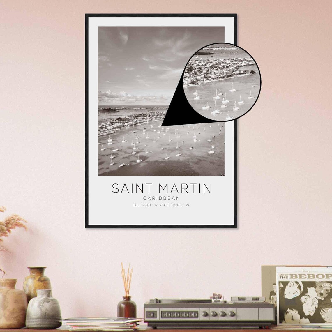Saint Martin Caribbean Sailboats Bay Aerial Black and White Poster - Image 4