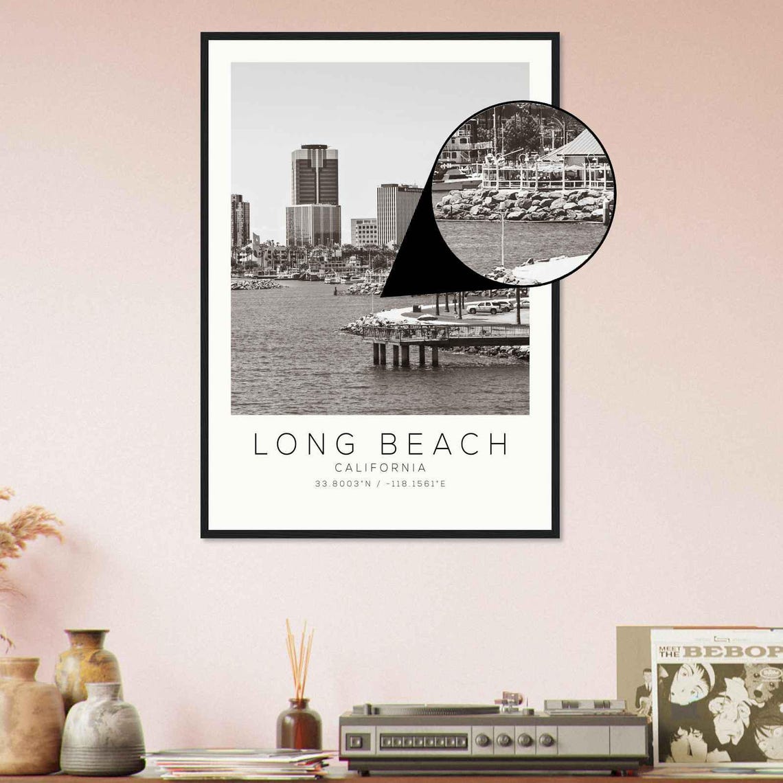 Long Beach California Waterfront Pier Palm Trees Skyline Poster - Image 4