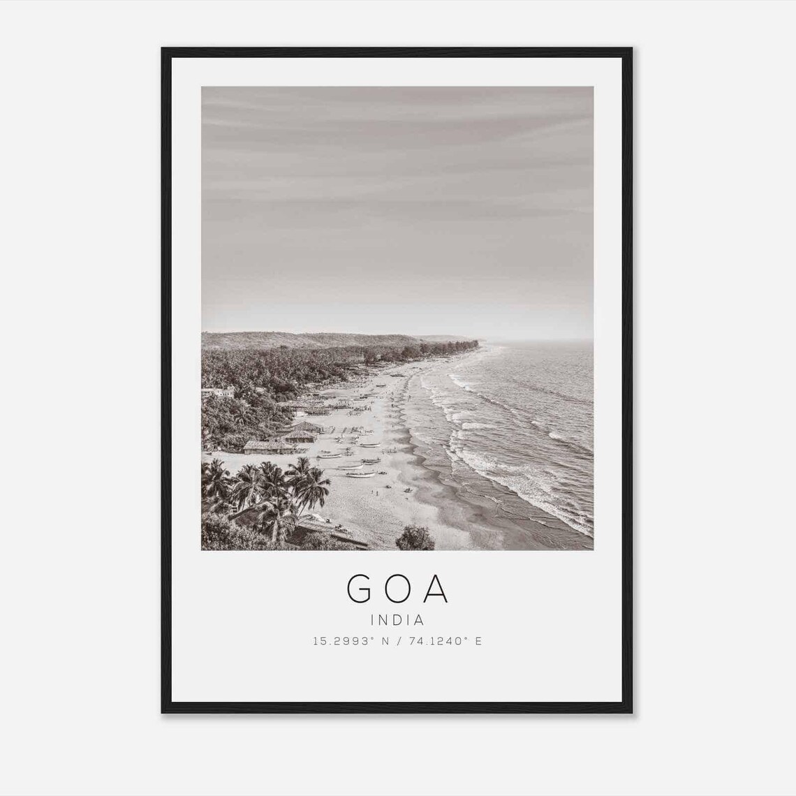Goa India Black and White Beach Palm Coast View Travel Poster