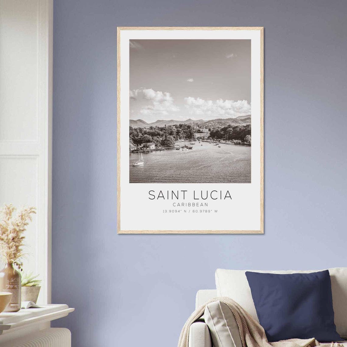Saint Lucia Caribbean Harbor Hills Sailboats Black and White Poster - Image 2