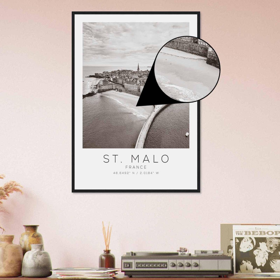 St Malo France Walled Coastal City Aerial Black and White Photo Poster - Image 4