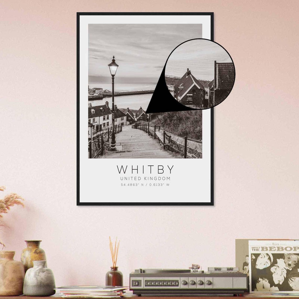 Whitby United Kingdom Harbor Steps Lamp Post Black White Photo Poster - Image 4