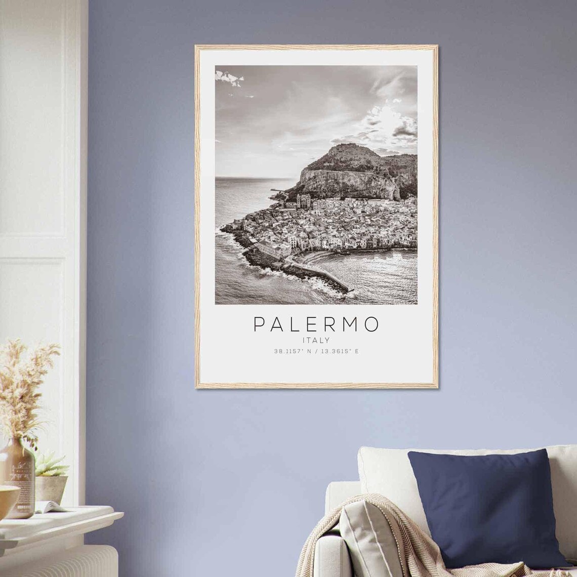 Palermo Italy Aerial Coastal Town Mountain Black White Photo Poster - Image 2