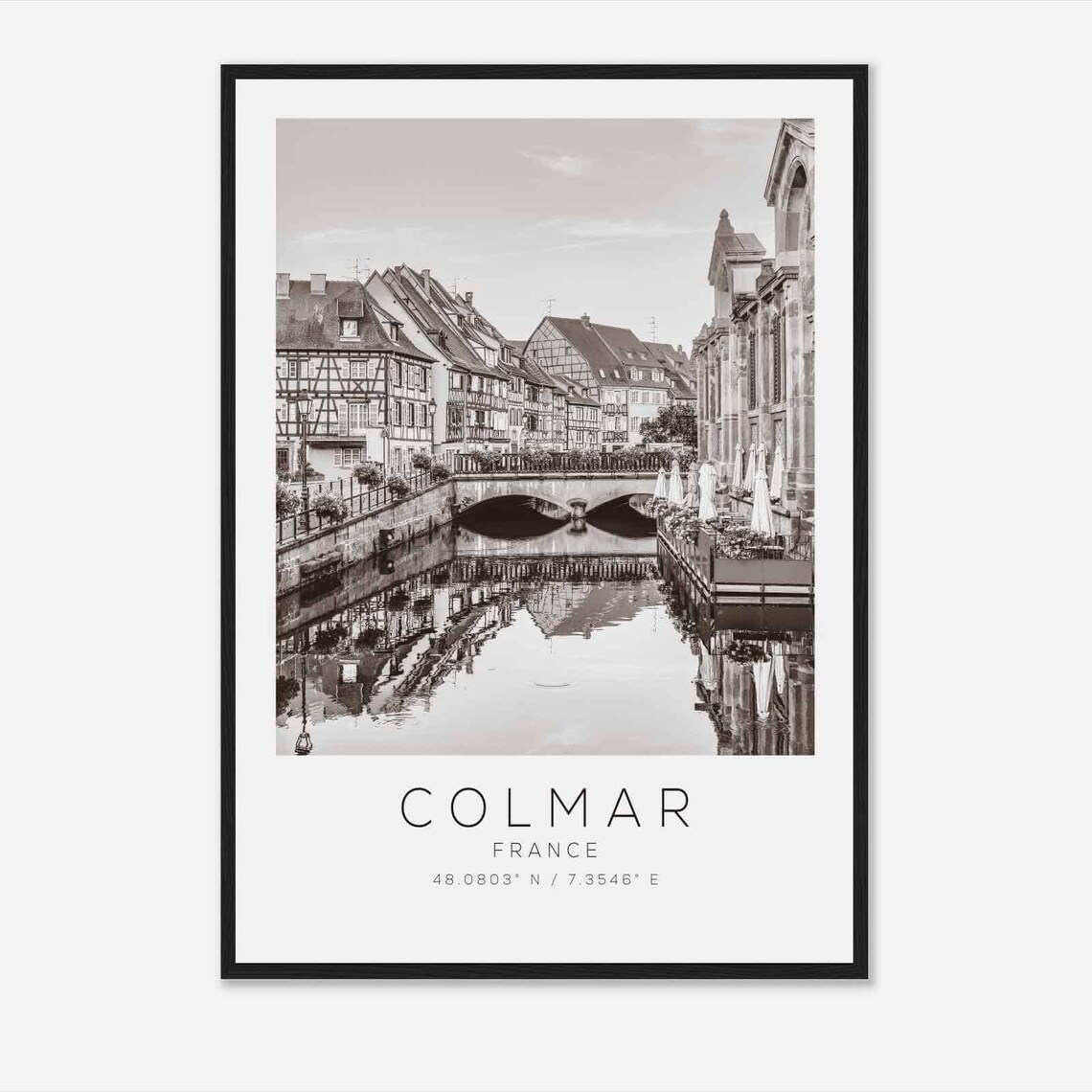 Colmar France Canal Half Timbered Houses Black and White Travel Poster