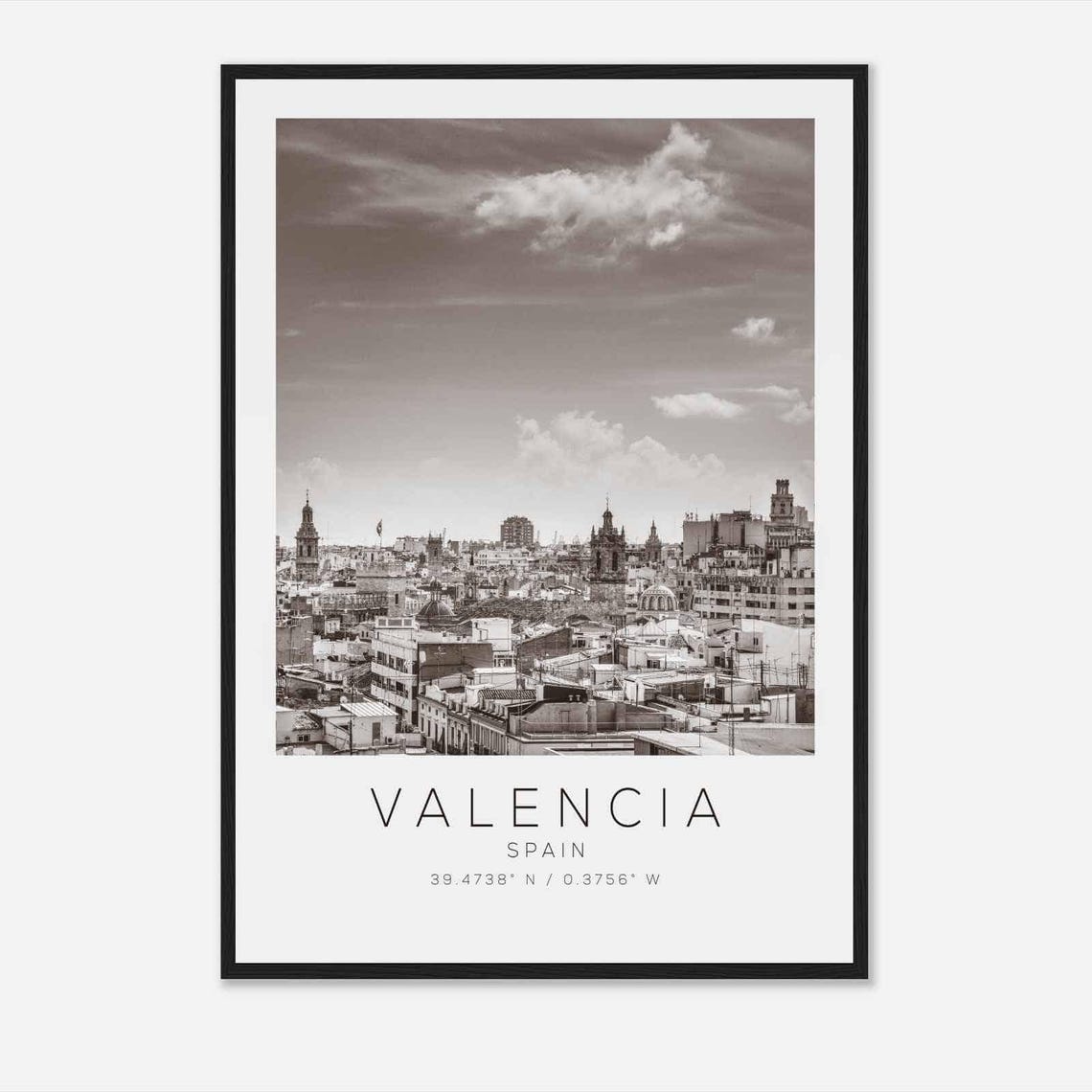 Valencia Spain Old Town Rooftops Skyline View Black White Poster