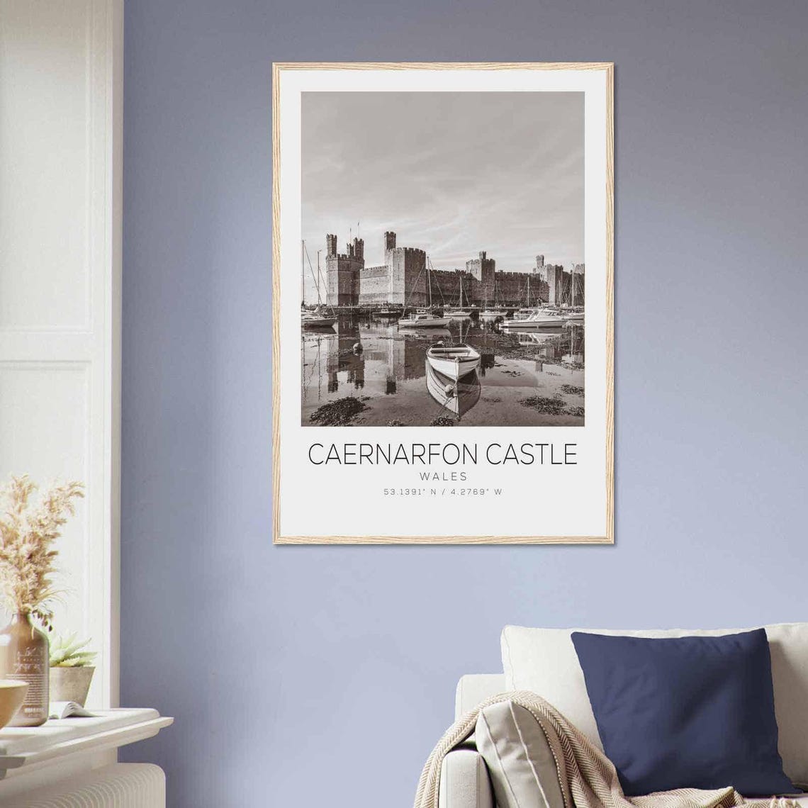 Caernarfon Castle Wales Harbor Boats Black White Photo Poster - Image 2