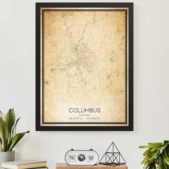 Vintage Columbus Indiana Map Poster with City Coordinates in Aged Style