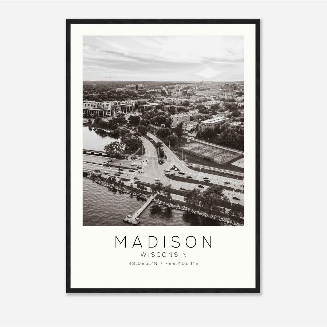 Madison Wisconsin Lakeshore Aerial Pier Sunset Black And White Poster