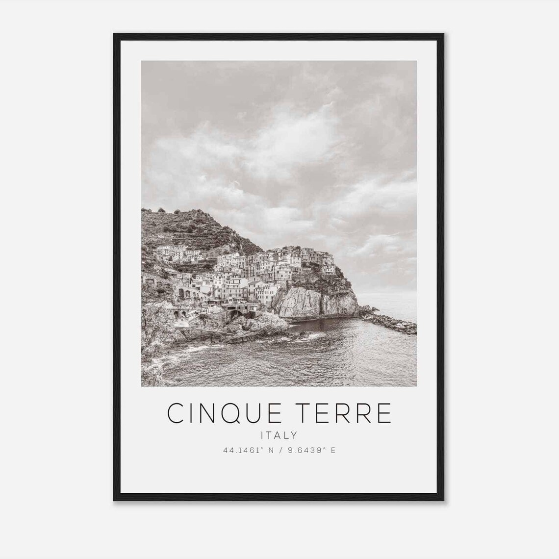 Cinque Terre Italy Cliffside Village Sea Black and White Travel Poster