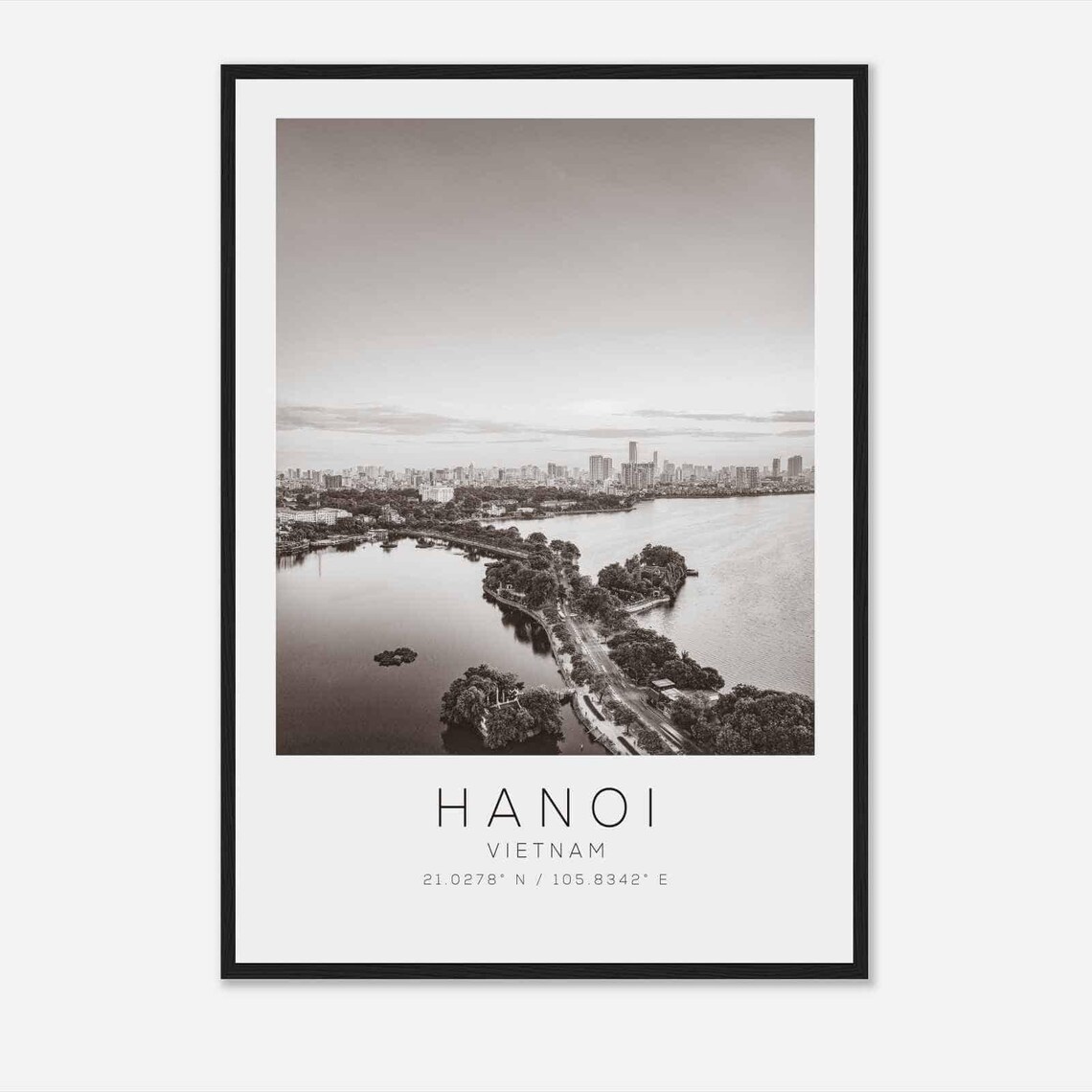 Hanoi Vietnam Black and White Lake Cityscape View Travel Poster