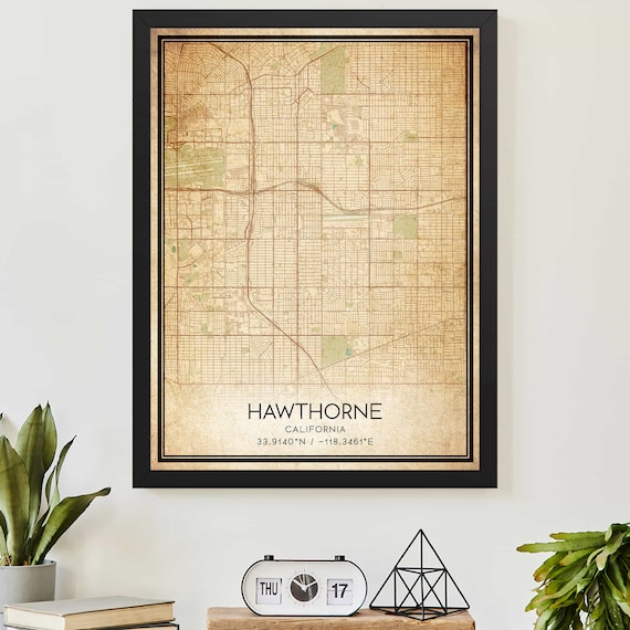 Vintage Hawthorne California City Map Antique Style Art Poster