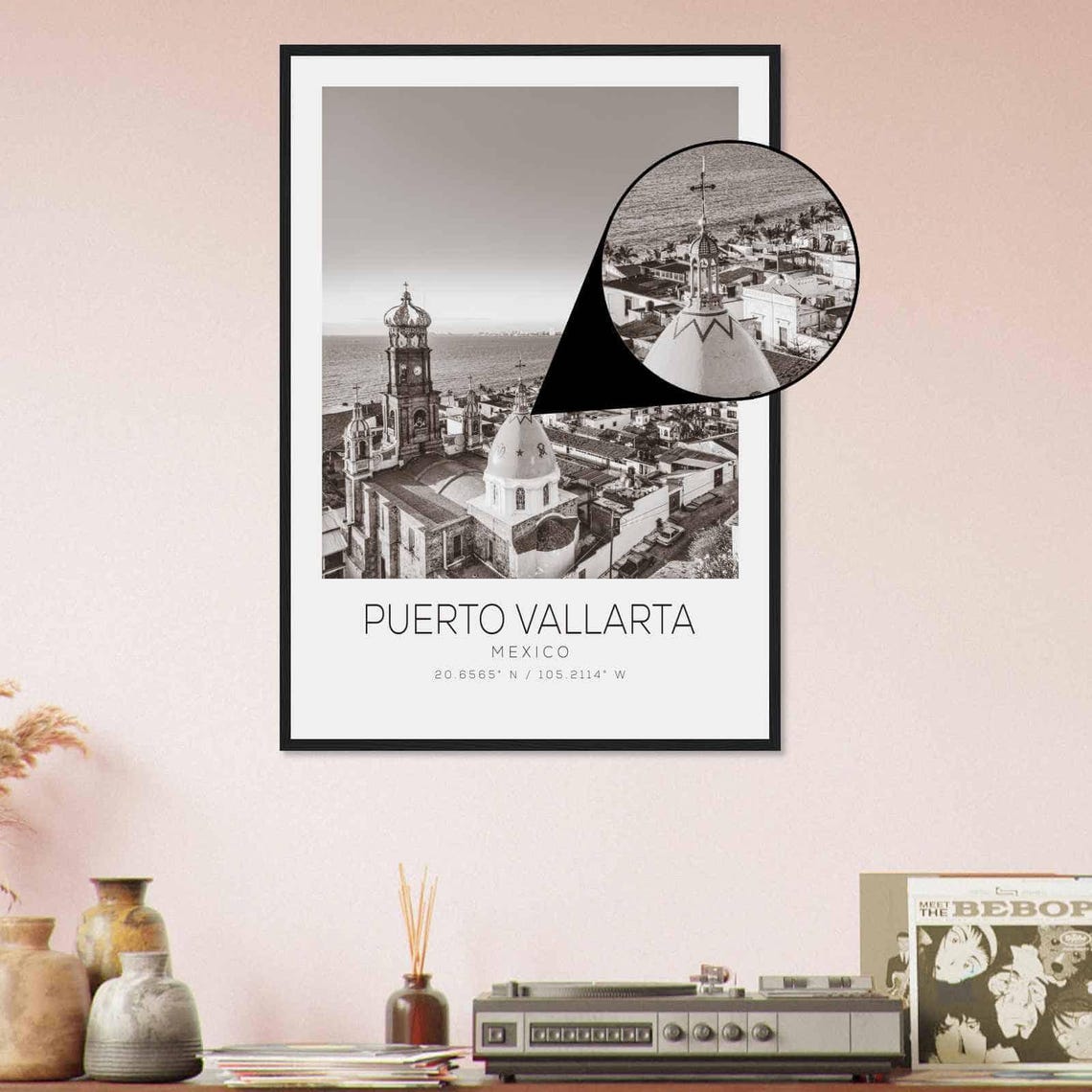 Puerto Vallarta Mexico Guadalupe Church Crown Tower Black White Poster - Image 4