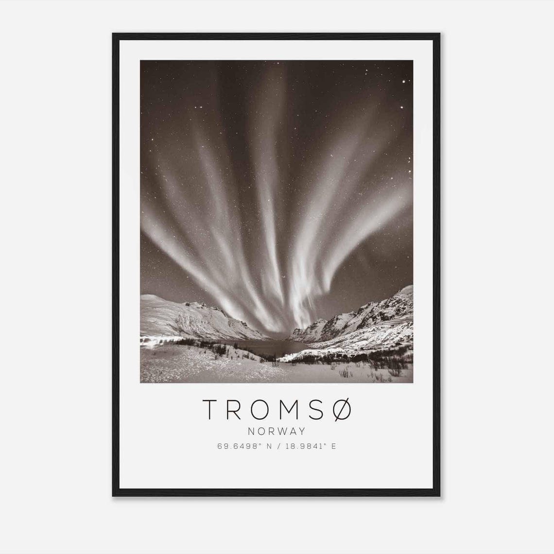 Tromso Norway Northern Lights Snowy Valley Black White Poster