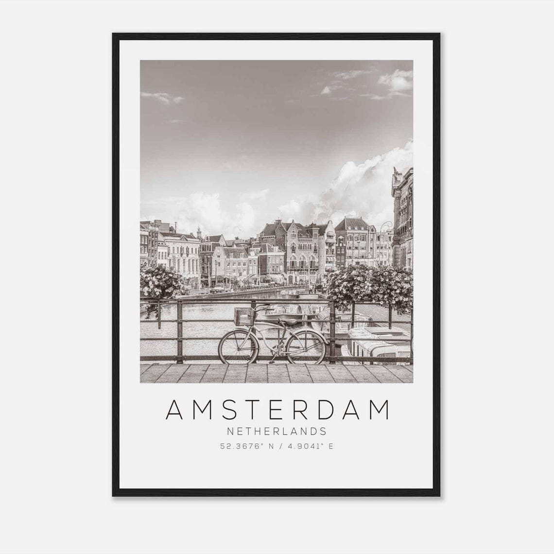 Amsterdam Netherlands Black White Canal Bicycle Bridge Travel Poster