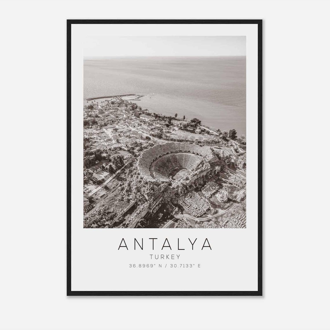 Antalya Turkey Aerial Ancient Amphitheater Coast Ruins Travel Poster
