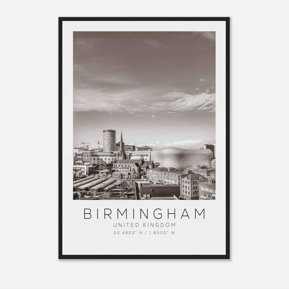 Birmingham England Skyline Black White Minimalist Photo Poster
