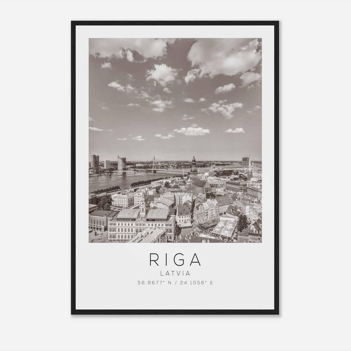 Riga Latvia Minimalist Black And White Old Town Aerial Photo Poster