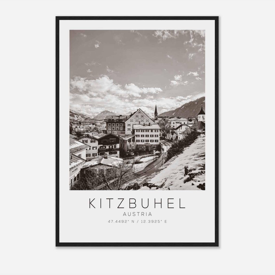 Kitzbuhel Austria Black White Snowy Alpine Ski Town View Poster