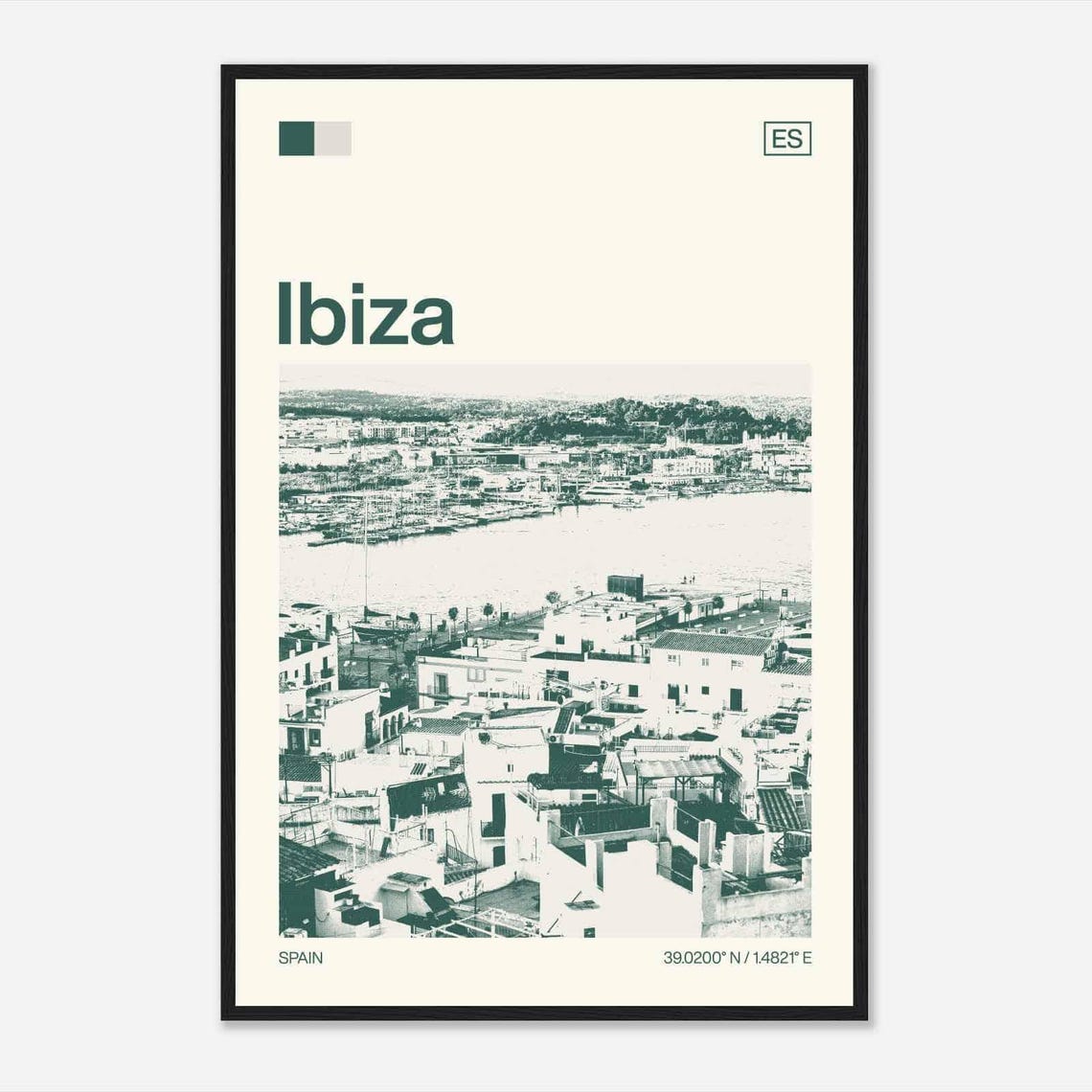 Ibiza Spain Old Town Harbor Whitewashed Houses Duotone Travel Poster